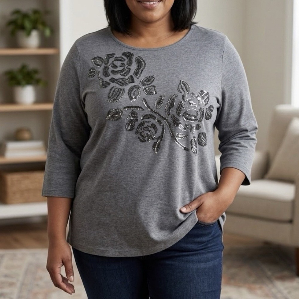 Quacker Factory Gray Floral Sequins Knit Top Size 2X Maximalist
